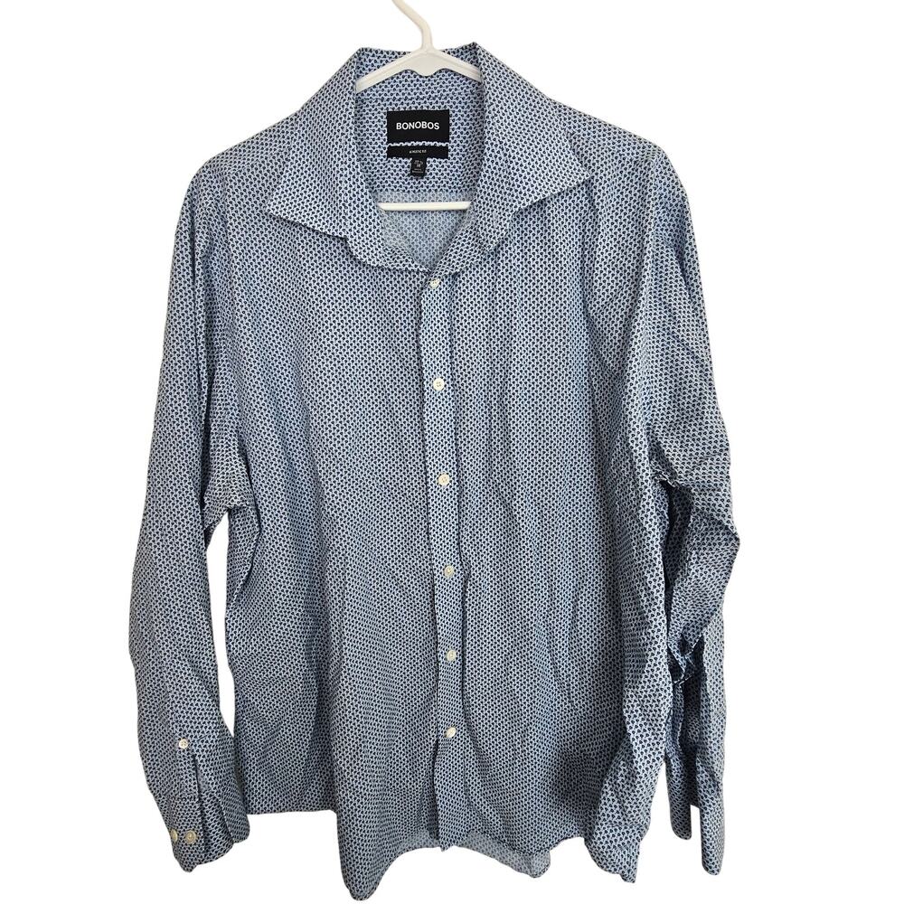 Bonobos Dress Shirt Blue Floral Print Long Sleeve Button Shirt Men 35 Neck 17.5